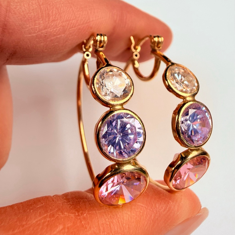 14K Solid Yellow Gold Rock Candy Gemstone Modern Hoop Earrings 28MM - Picture 10 of 13